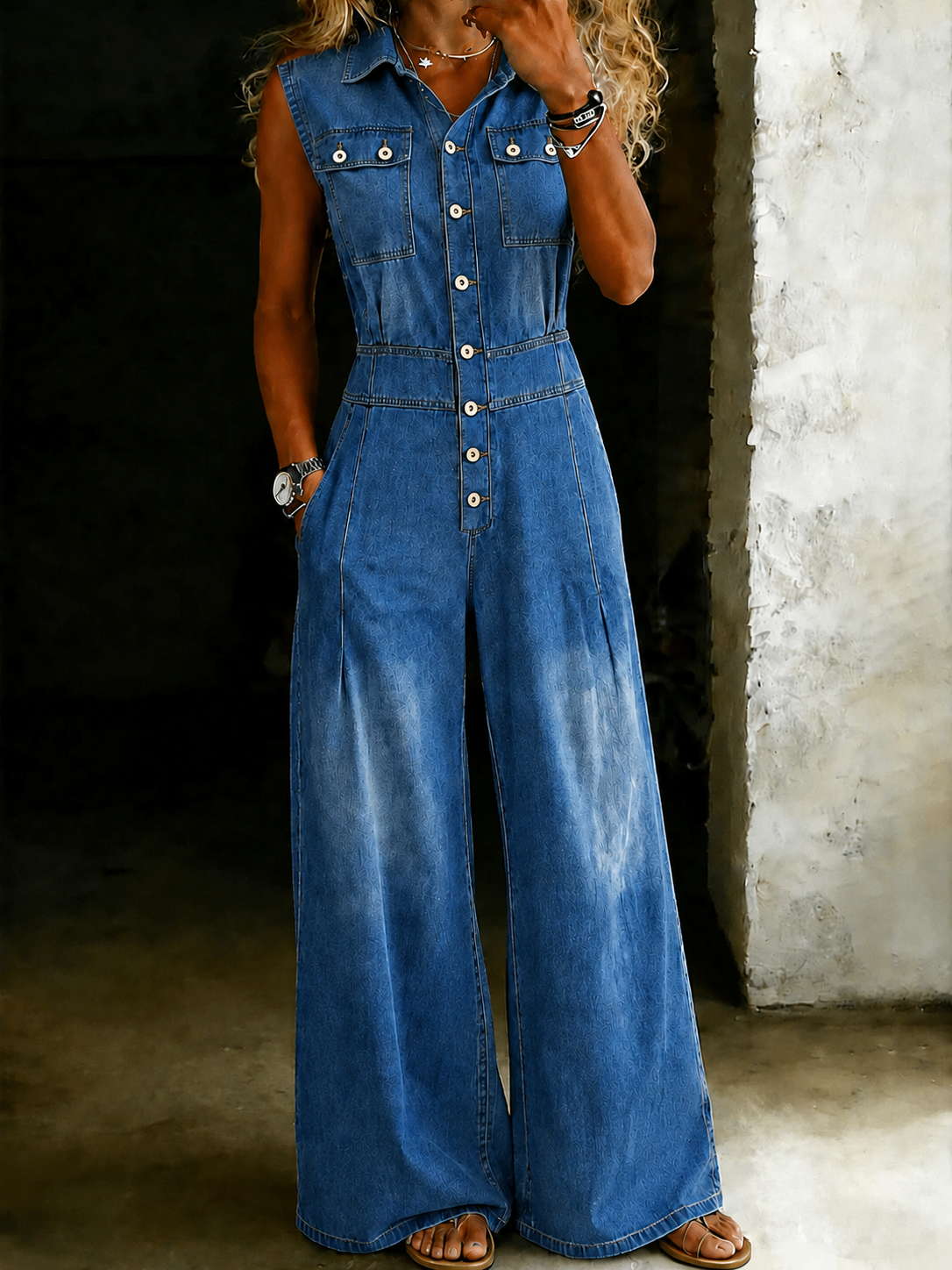 Stella | Taillierter, weiter Denim-Jumpsuit