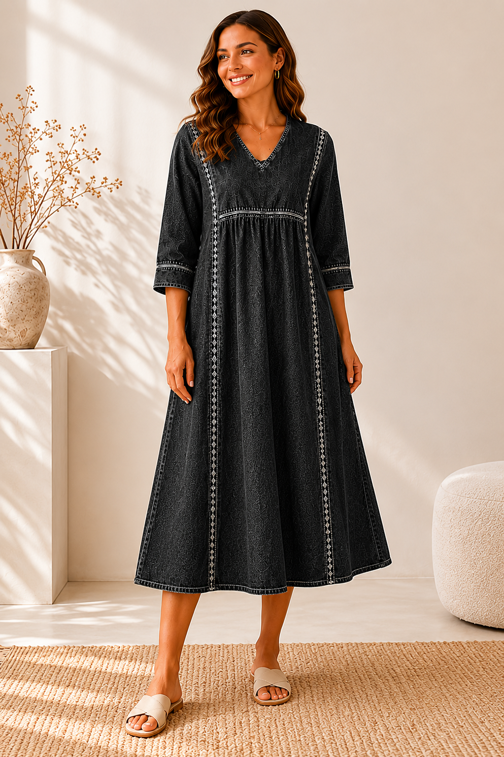 Melissa | Denimkleid mit langen Ärmeln und Rundhalsausschnitt