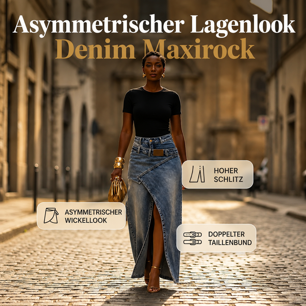 ✨Damen Denim-Maxirock mit mehrlagiger Taille