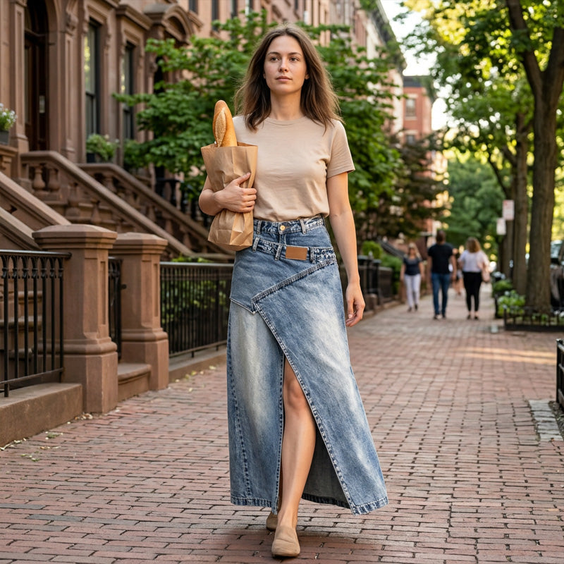✨Damen Denim-Maxirock mit mehrlagiger Taille